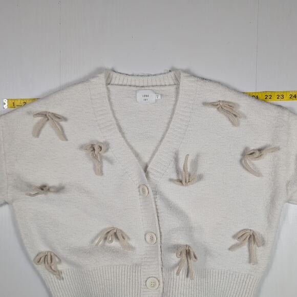 Luna + Ivy Cardigan Sweater Women’s S Ivory Cream 3D Bow Applique Cropped Knit - Picture 5 of 15